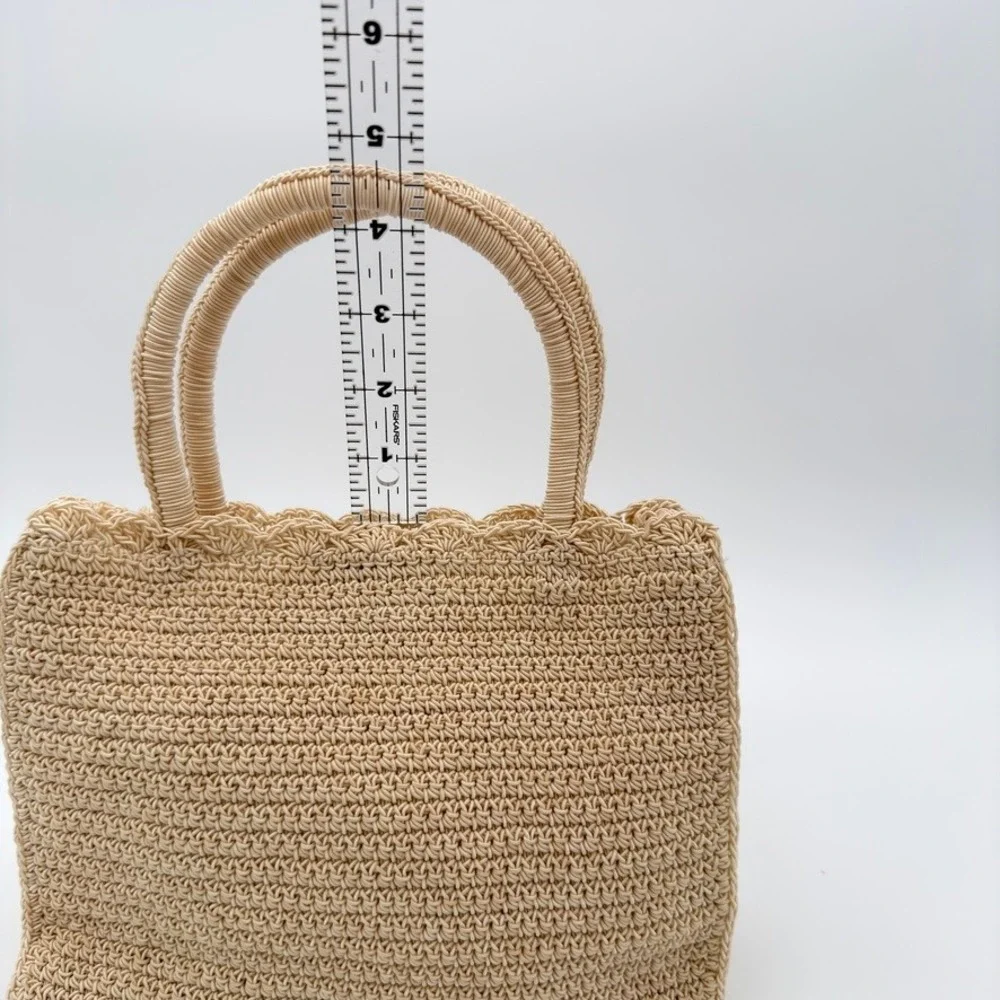 Crochet Straw Tote Bag Beige Woven Top‎ Handle Purse Coin Pouch Boho Summer